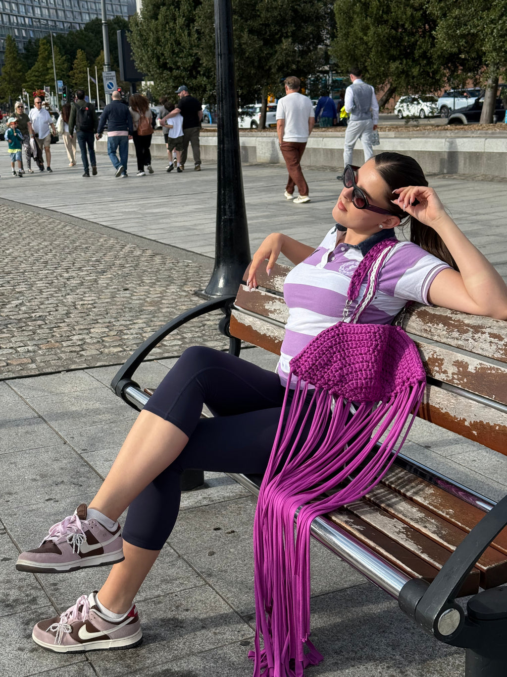 Purple Striped Laddered Lace Polo